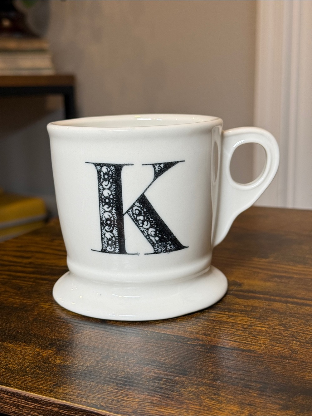 Anthropologie Monogram “K” Mug Black & White Lace Floral Initial Coffee Cup